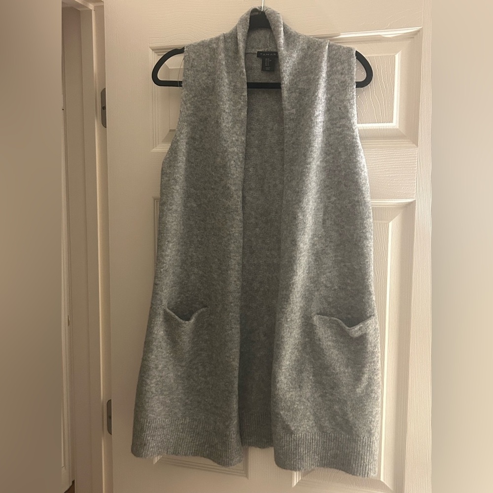 TAHARI Open Front Long Cardigan Wool blend Gray Patch pockets Lagenlook  Size XS